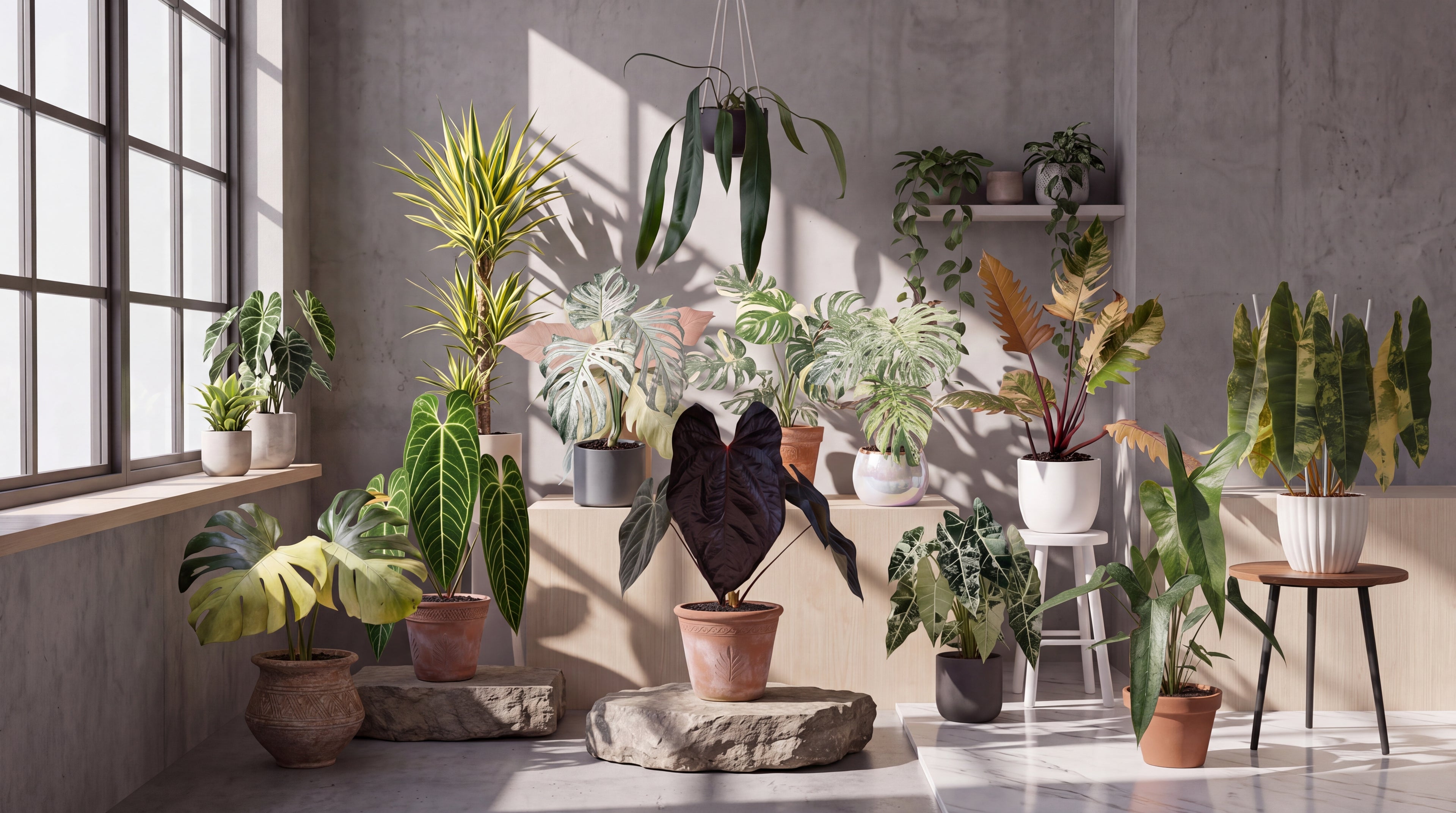 Rare aroid collection in bright daylight — variegated Monstera, Alocasia, Anthurium and Philodendron in a concrete plant studio