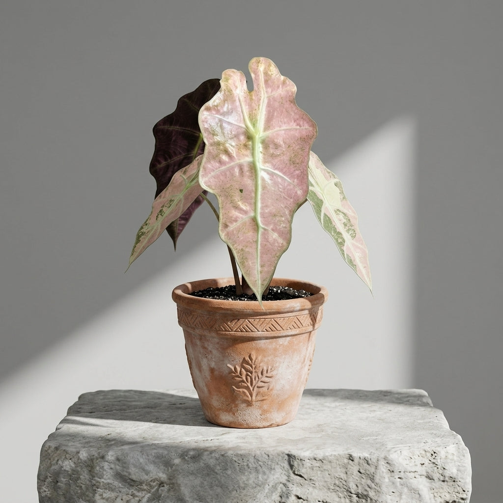Mature Alocasia Polly Mint Variegated in an antiqued terracotta pot on a stone pedestal