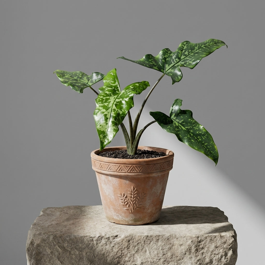 Mature Alocasia Shattered Glass in an antiqued terracotta pot on a stone pedestal