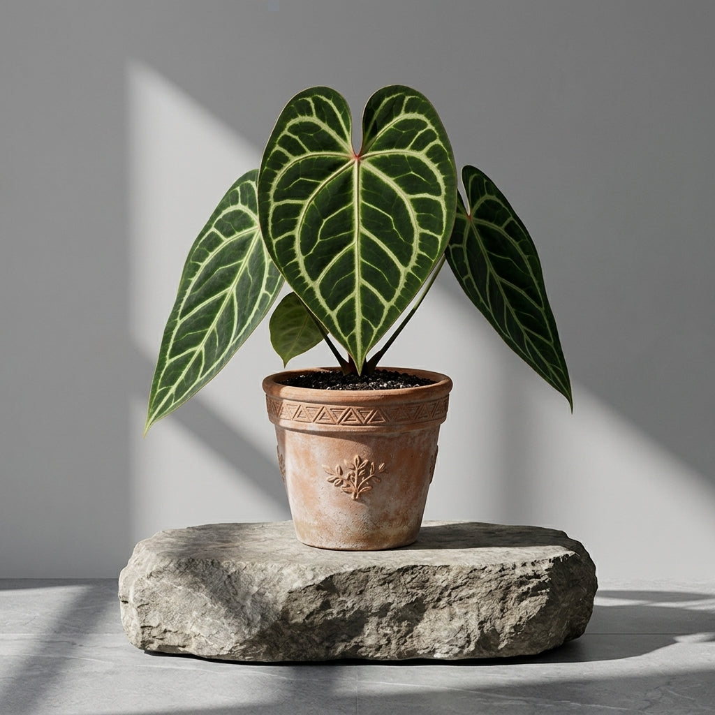 Mature Anthurium King of Clarinervium X Silver Tiger in an antiqued terracotta pot on a stone pedestal