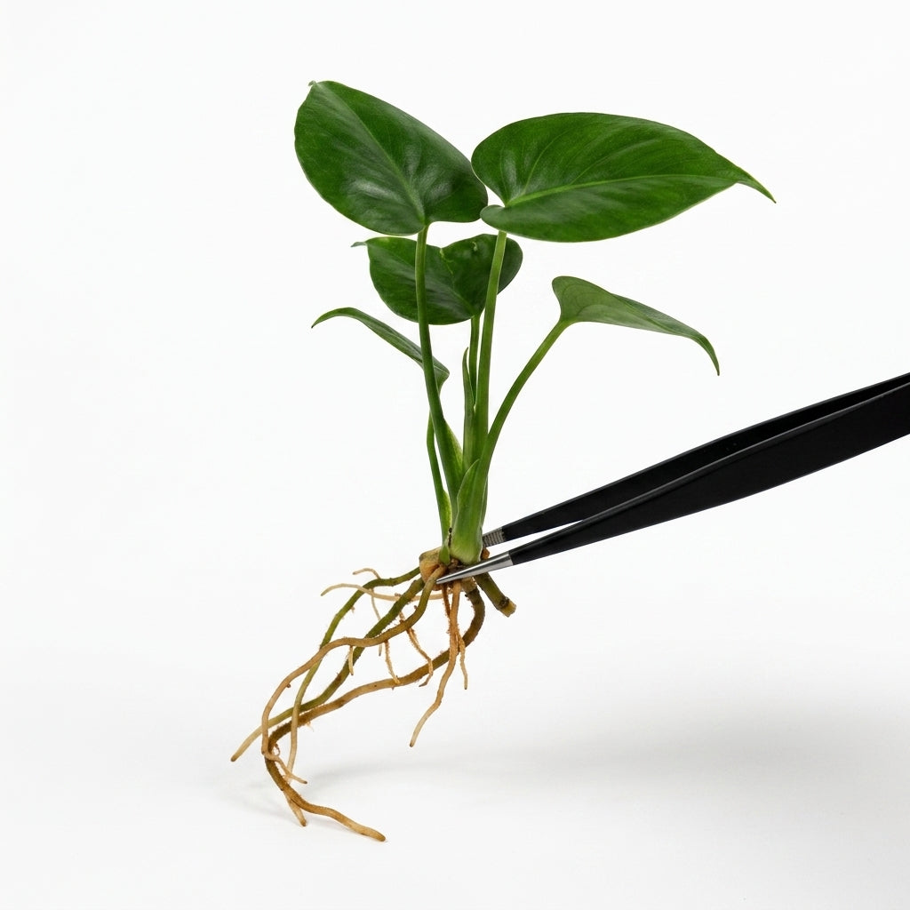 Anthurium King of Clarinervium X Silver Tiger tissue culture plantlet held with black tweezers on a white background