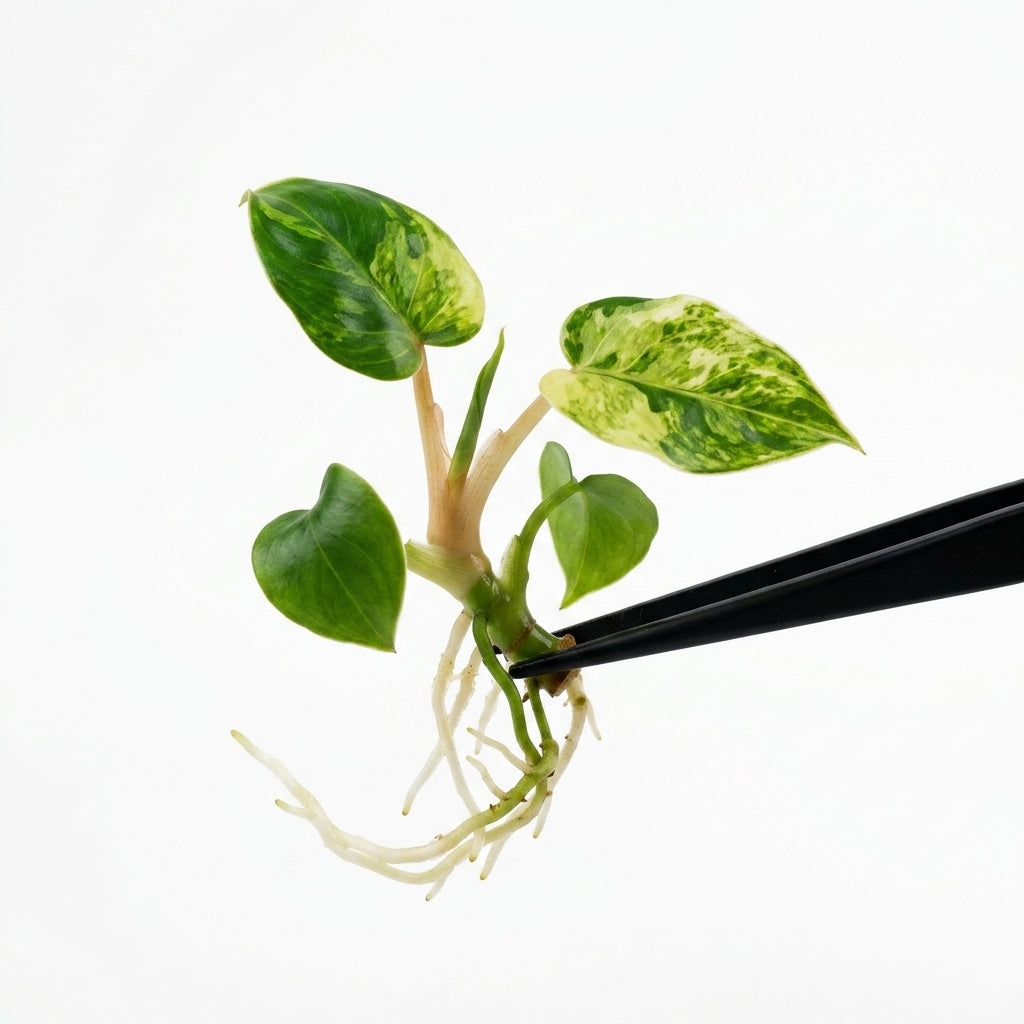 Anthurium Luxurians Aurea Variegated tissue culture plantlet held with black tweezers on a white background