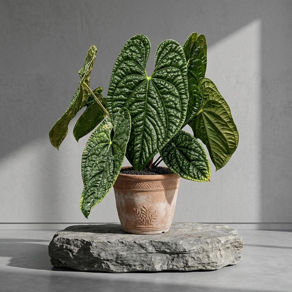 Mature Anthurium Luxurians in an antiqued terracotta pot on a stone pedestal