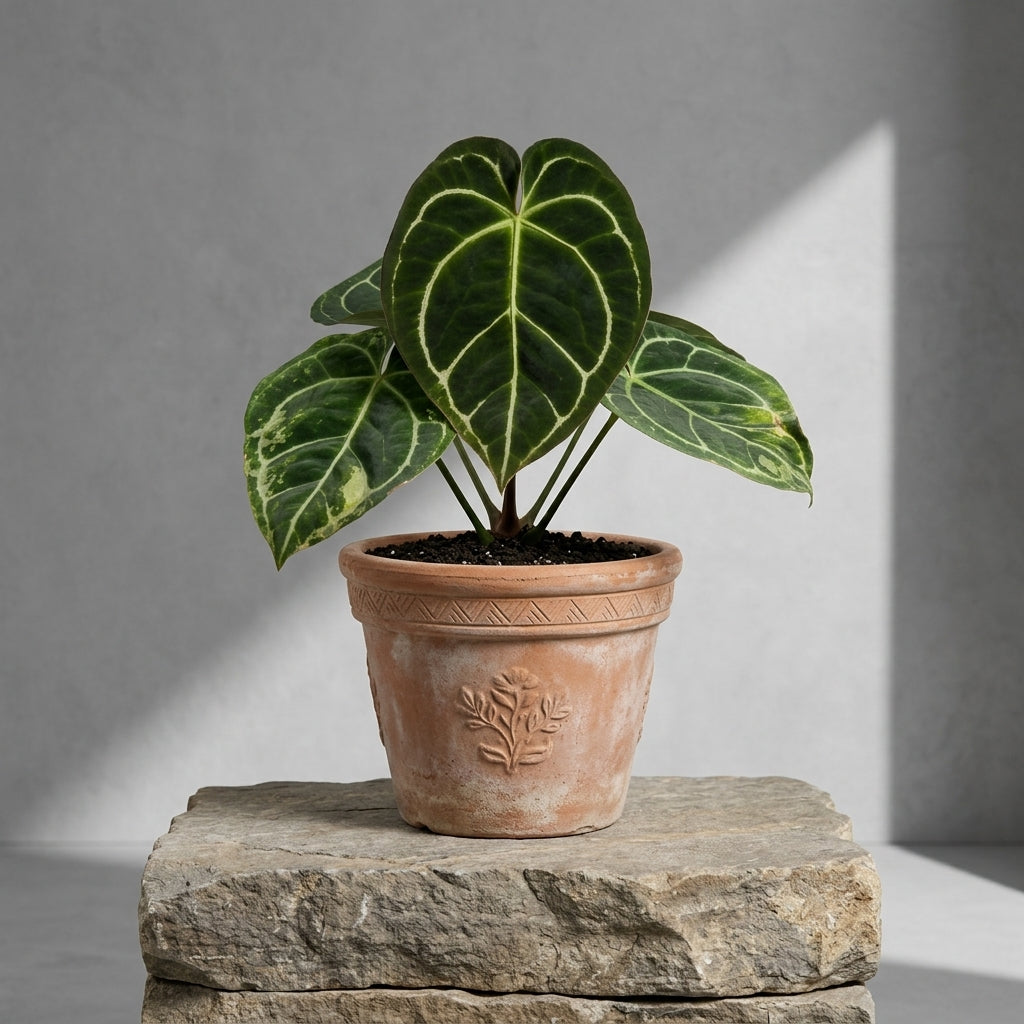 Mature Anthurium Magnificum x Forgetii Variegated in an antiqued terracotta pot on a stone pedestal