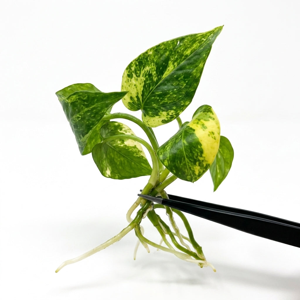 Anthurium Magnificum x Forgetii Variegated tissue culture plantlet held with black tweezers on a white background