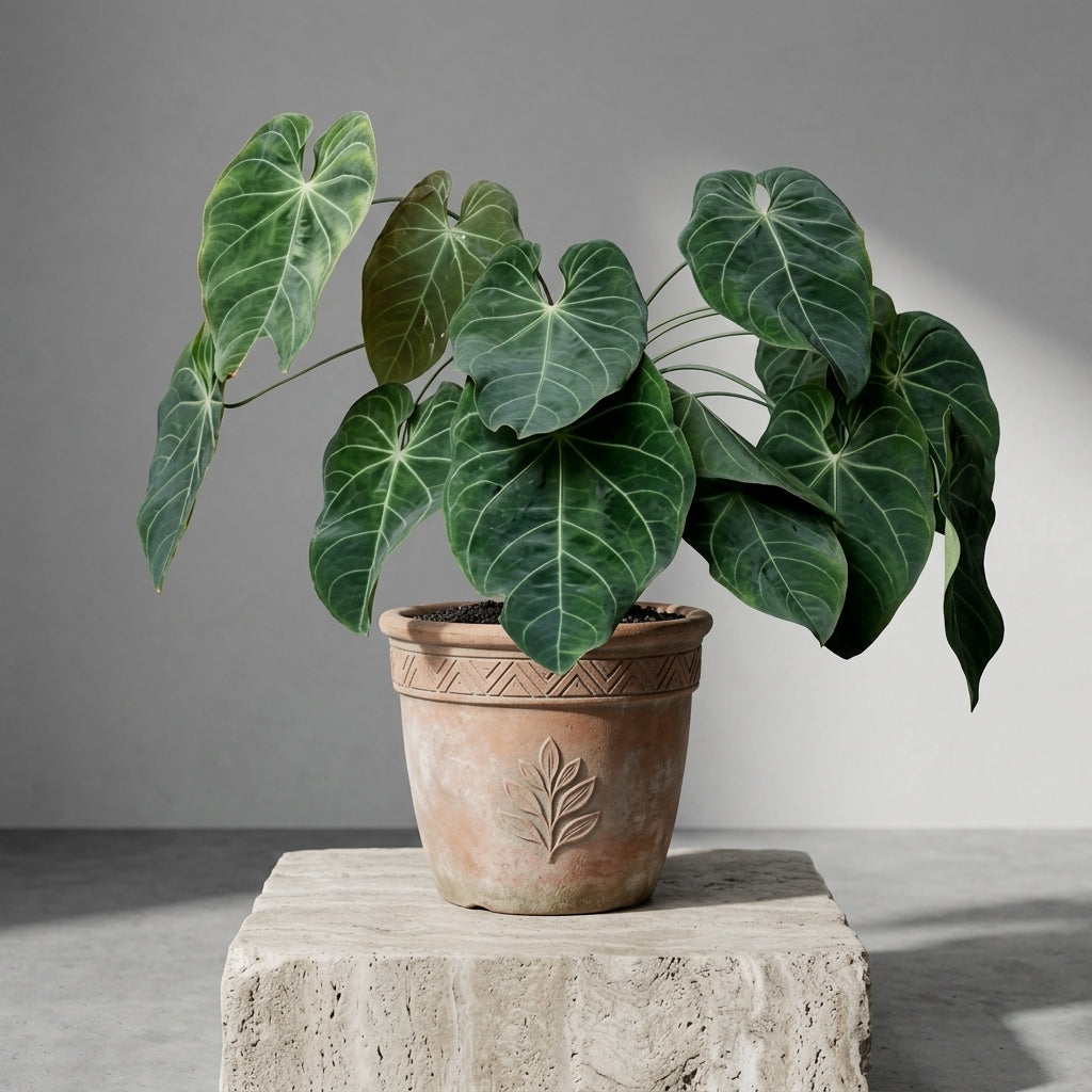 Mature Anthurium Magnificum in an antiqued terracotta pot on a stone pedestal
