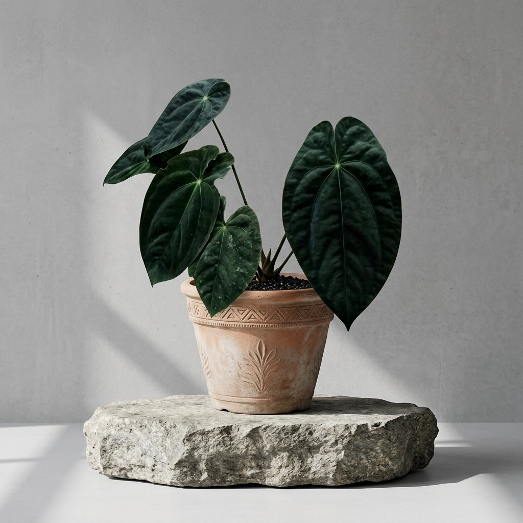 Mature Anthurium Manta Ray X Dark Phoenix in an antiqued terracotta pot on a stone pedestal