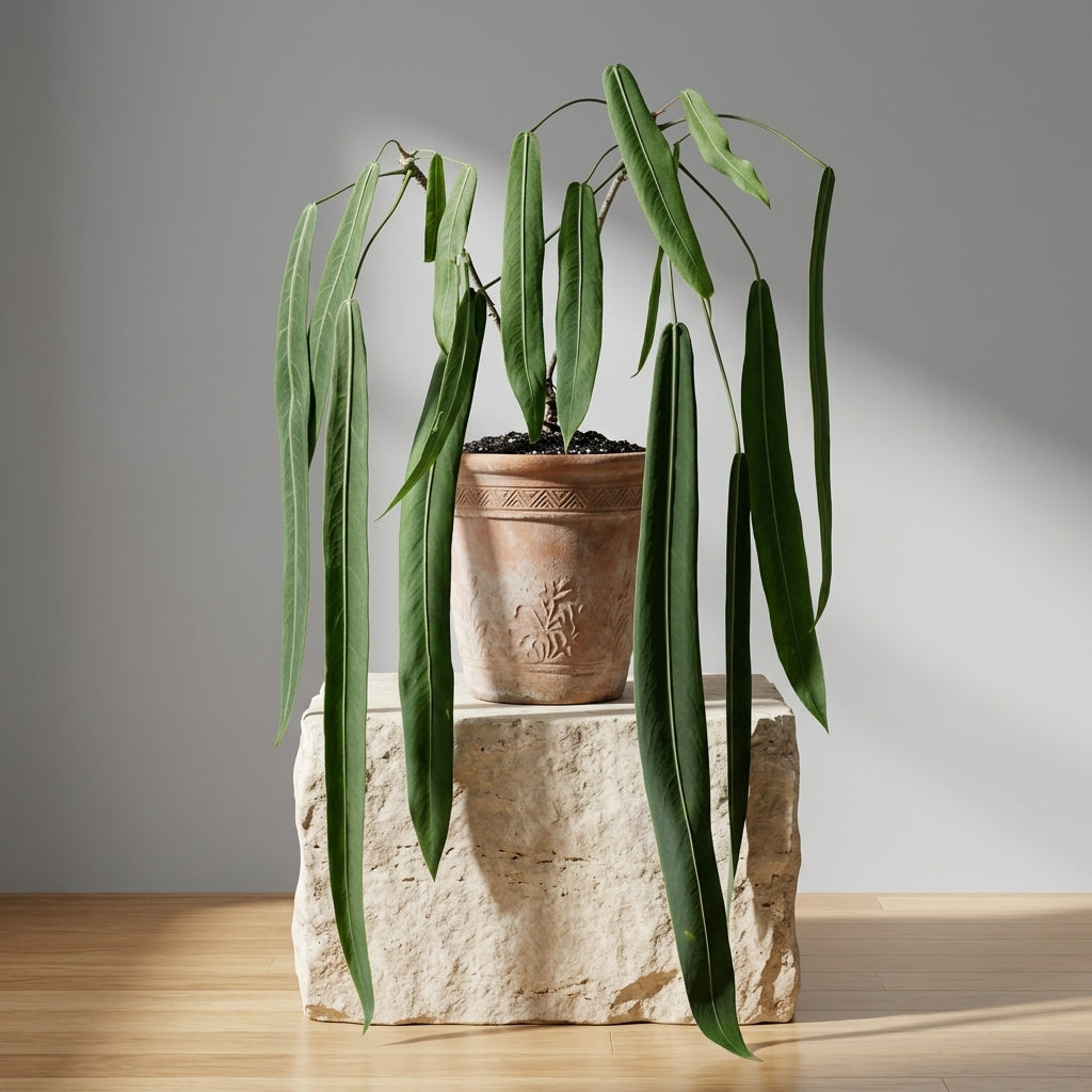 Mature Anthurium Pallidiflorum in an antiqued terracotta pot on a stone pedestal