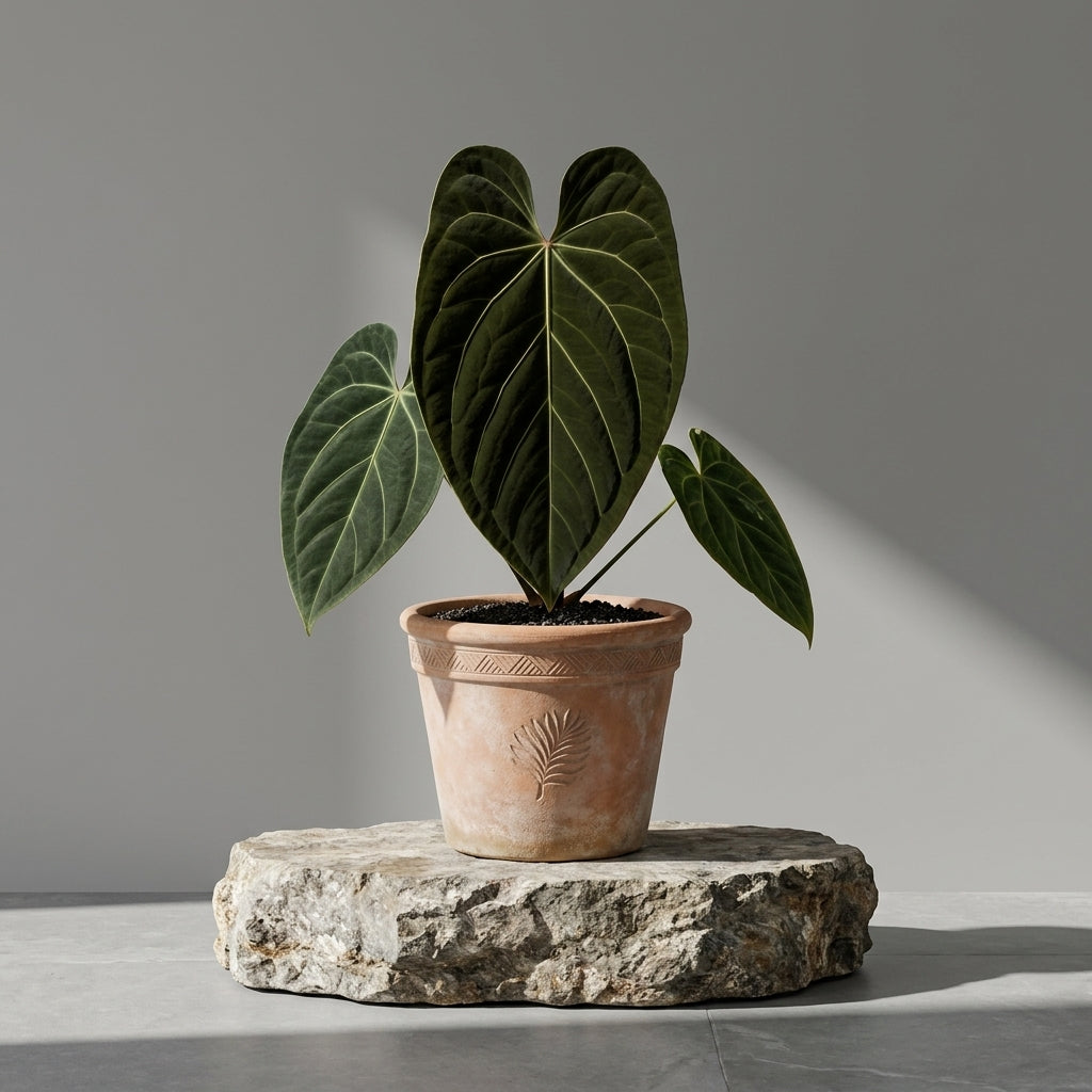 Mature Anthurium Papillilaminum in an antiqued terracotta pot on a stone pedestal