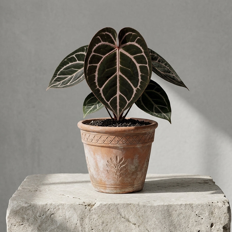 Mature Anthurium Red Crystallinum X Dorayaki in an antiqued terracotta pot on a stone pedestal