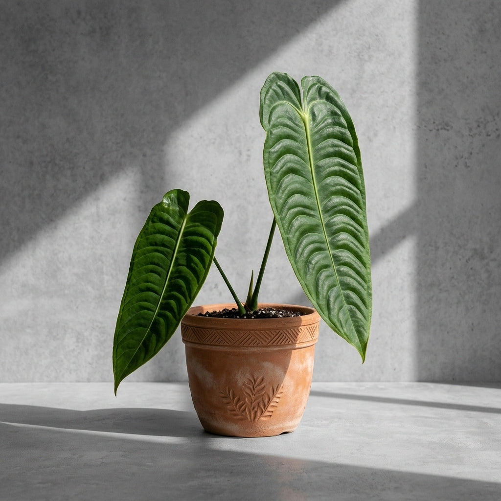 Mature Anthurium Veitchii in an antiqued terracotta pot against a concrete wall