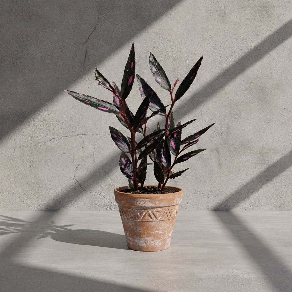 Mature Begonia Julau Thin Leaf with narrow dark leaves and pink spots in an aged terracotta pot