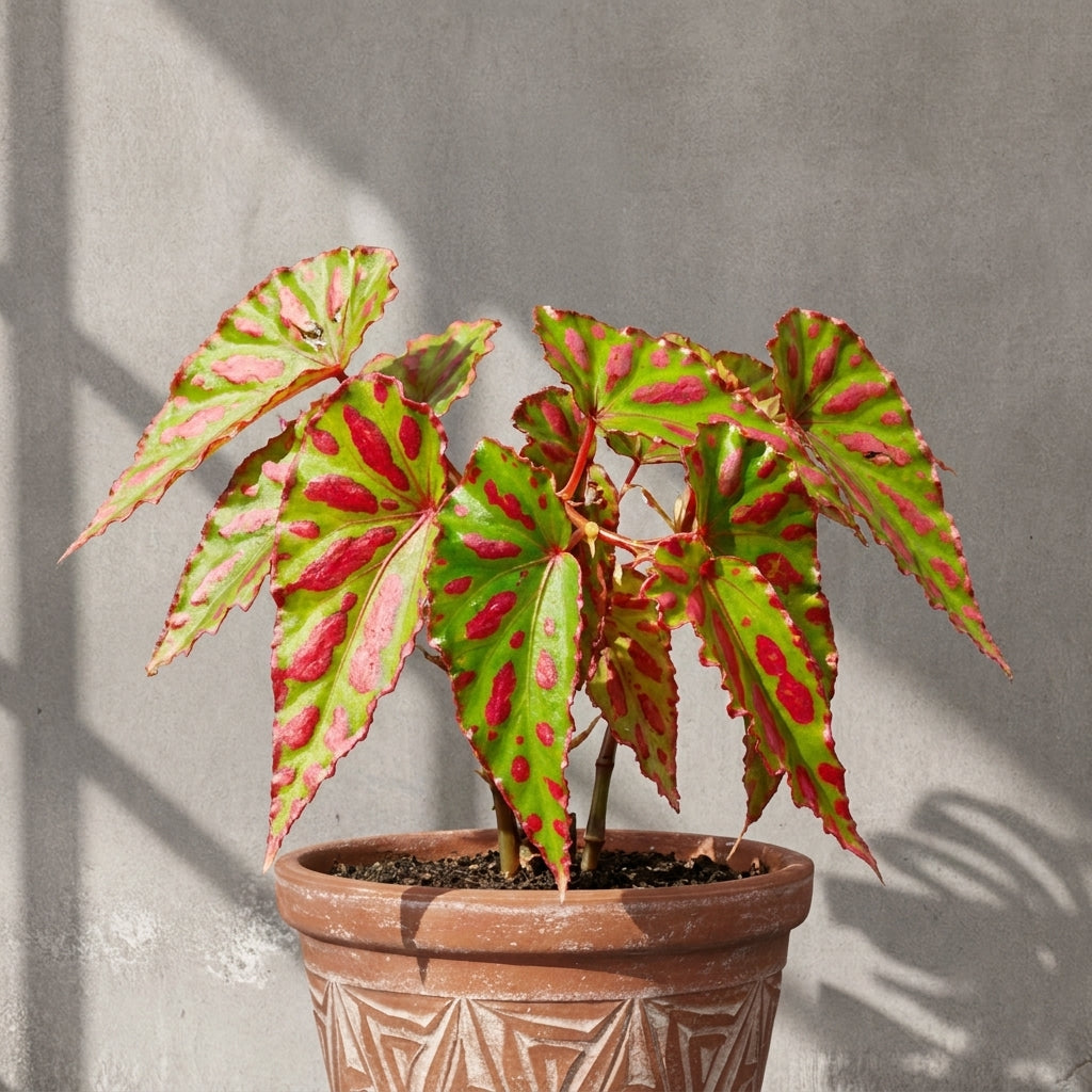 Mature Begonia Pink Lava with green leaves and hot-pink blotches in an aged terracotta pot