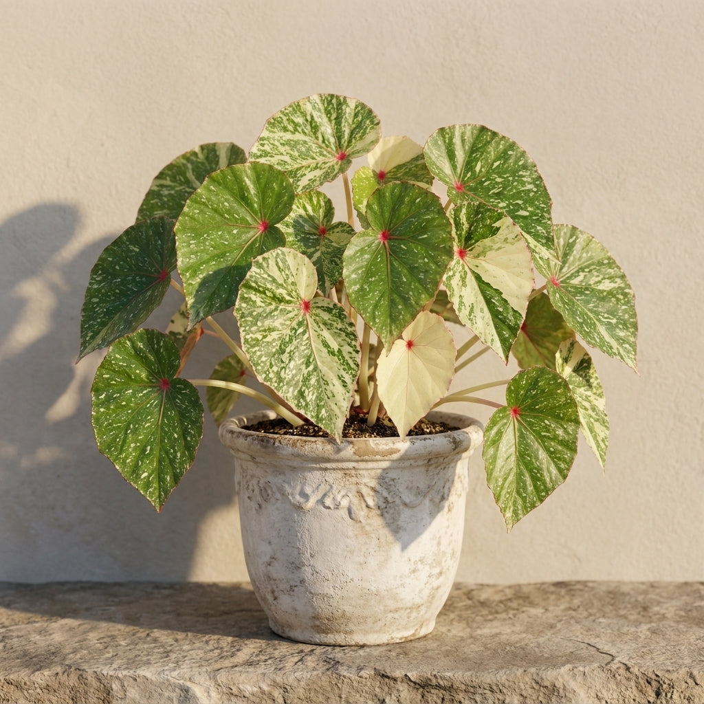 Mature Begonia Rouge Variegated with cream and green marbled leaves in an aged pot