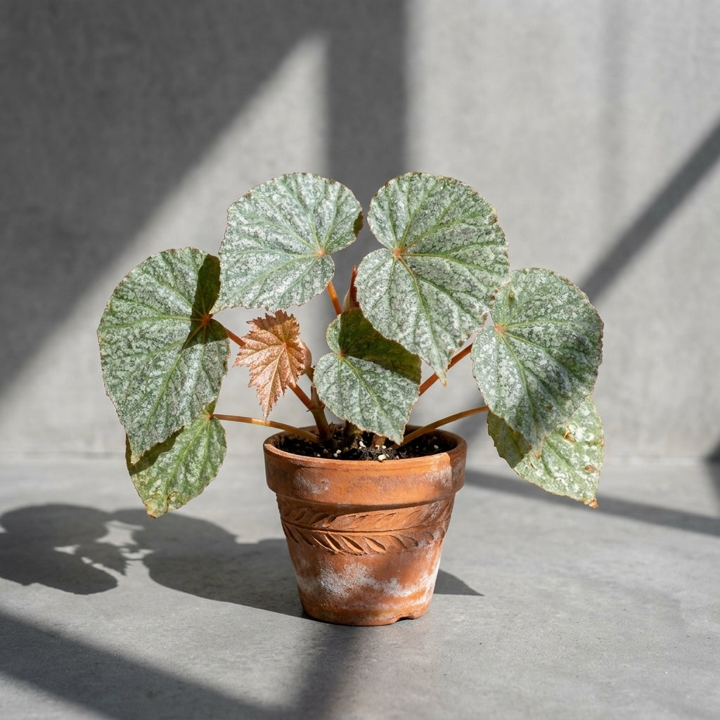 Mature Begonia Snow Rabbit with silver-frosted green leaves in an aged terracotta pot