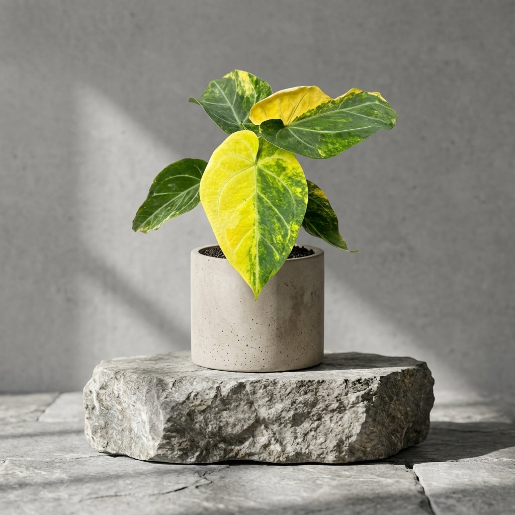 Mature Anthurium Forgetii Variegated in a concrete planter on a stone pedestal
